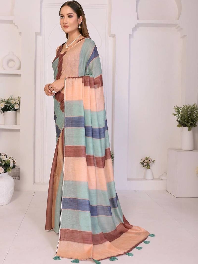 Multicolor linen striped saree with blouse
