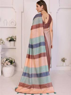 Multicolor linen striped saree with blouse 5