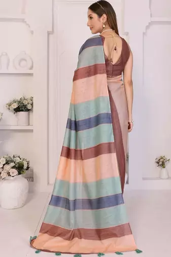 Multicolor linen striped saree with blouse