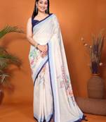 Off white blended cotton printed saree with blouse