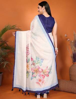 Off white blended cotton printed saree with blouse 3