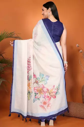 Off white blended cotton printed saree with blouse