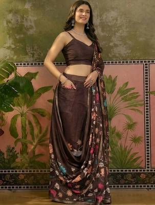 Brown linen printed saree with blouse 1