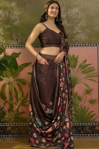 Brown linen printed saree with blouse