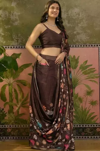Brown linen printed saree with blouse