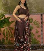 Brown linen printed saree with blouse