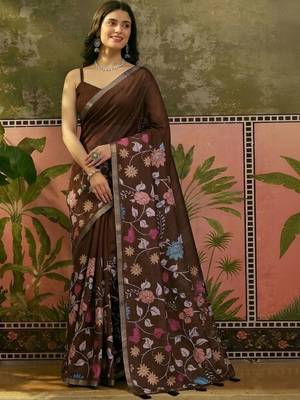 Brown linen printed saree with blouse 2