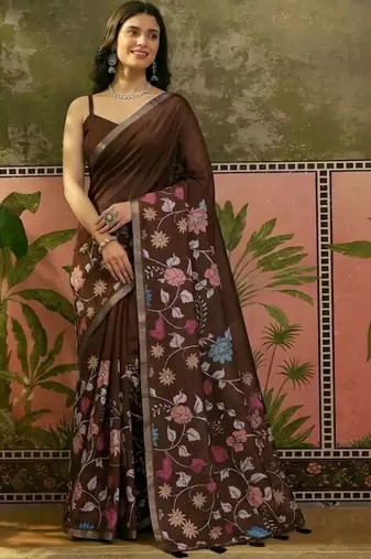 Brown linen printed saree with blouse
