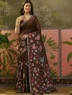 Brown linen printed saree with blouse 3