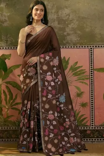 Brown linen printed saree with blouse