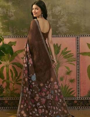 Brown linen printed saree with blouse 4