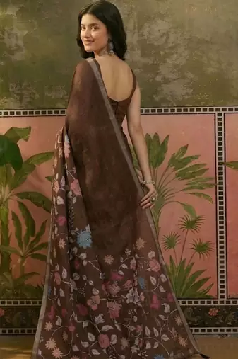 Brown linen printed saree with blouse