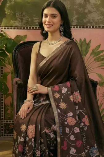 Brown linen printed saree with blouse
