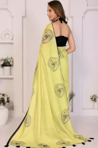 Lime linen printed saree with blouse
