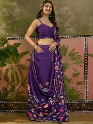 Purple linen printed saree with blouse 1