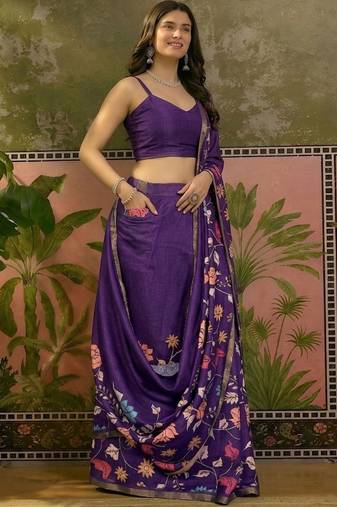 Purple linen printed saree with blouse