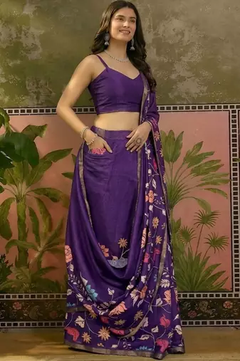 Purple linen printed saree with blouse