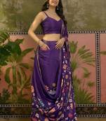 Purple linen printed saree with blouse