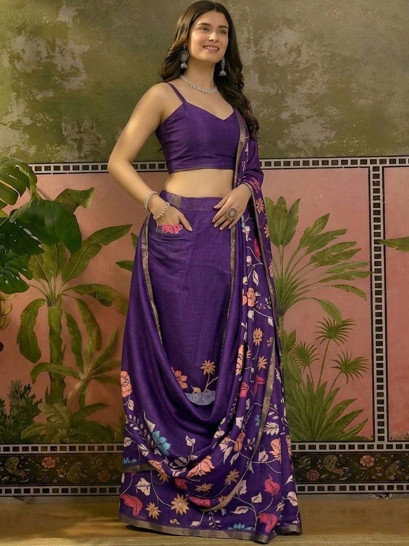Purple linen printed saree with blouse