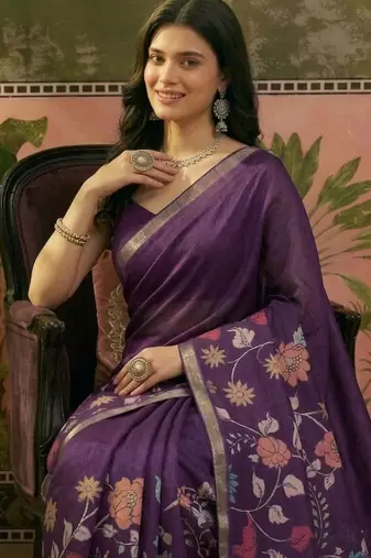 Purple linen printed saree with blouse