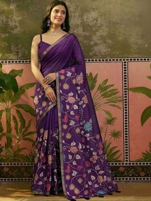 Purple linen printed saree with blouse 3