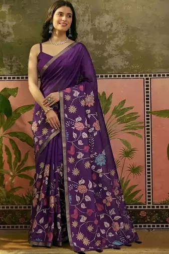 Purple linen printed saree with blouse