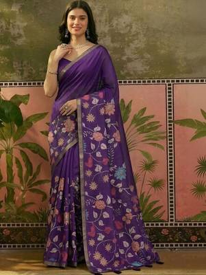 Purple linen printed saree with blouse 4