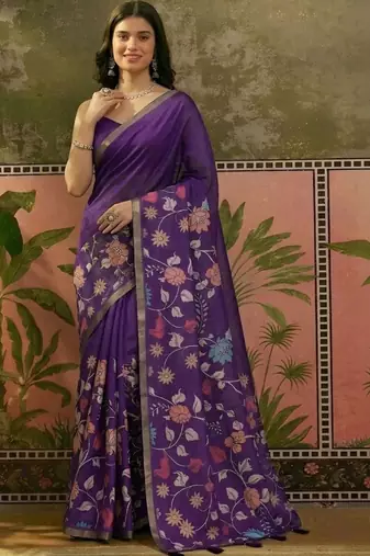 Purple linen printed saree with blouse