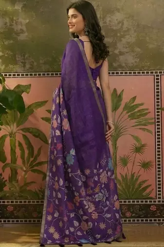Purple linen printed saree with blouse