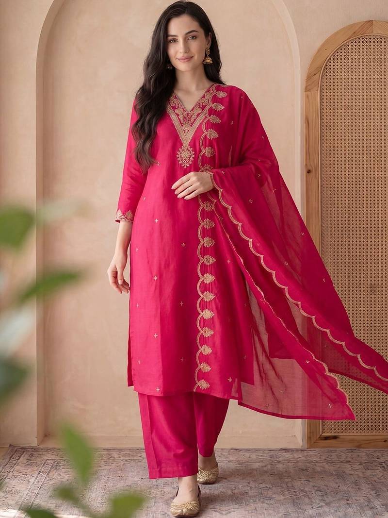 Women Ethnic Motifs Embroidered Regular Thread Work Kurta with Trousers & With Dupatta
