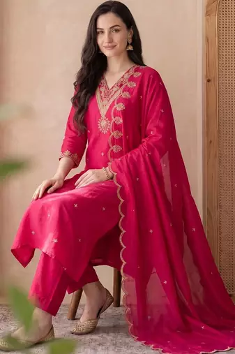 Women Ethnic Motifs Embroidered Regular Thread Work Kurta with Trousers & With Dupatta