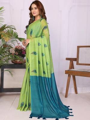 Lime linen  saree with blouse 1