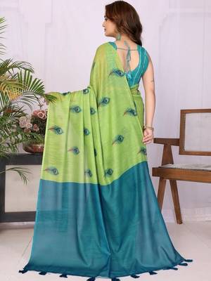 Lime linen  saree with blouse 3