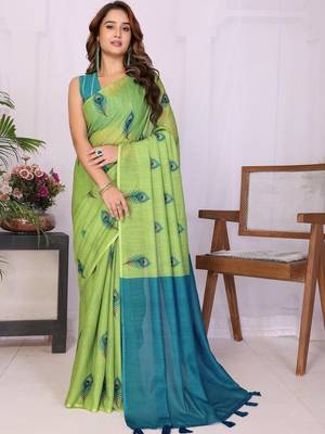 Lime linen  saree with blouse 5