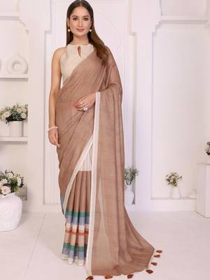 Brown linen striped saree with blouse 1