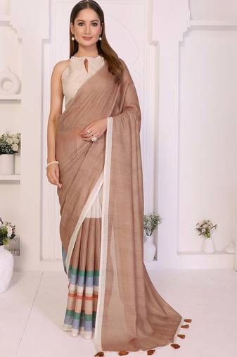 Brown linen striped saree with blouse