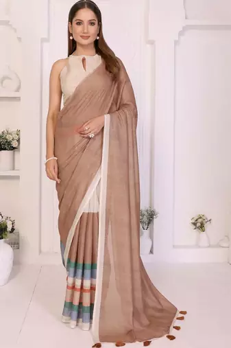 Brown linen striped saree with blouse