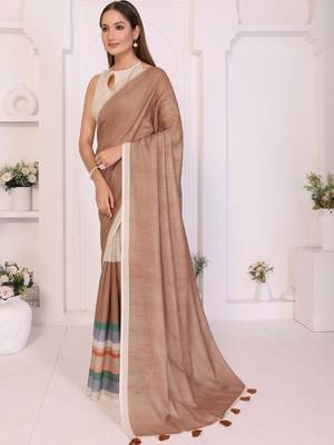 Brown linen striped saree with blouse 3