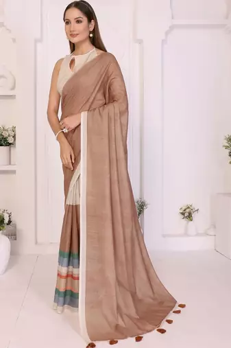 Brown linen striped saree with blouse