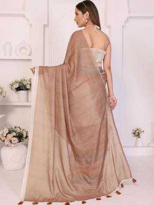 Brown linen striped saree with blouse 5