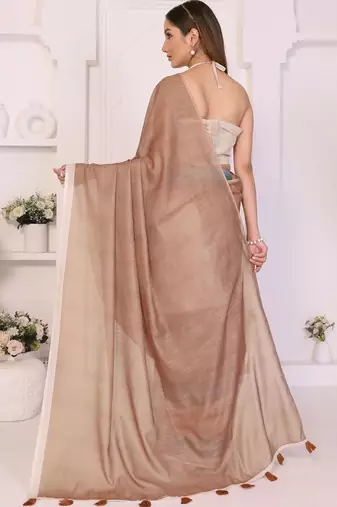 Brown linen striped saree with blouse