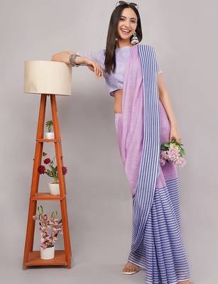 Multicolor pure linen striped saree with blouse 1