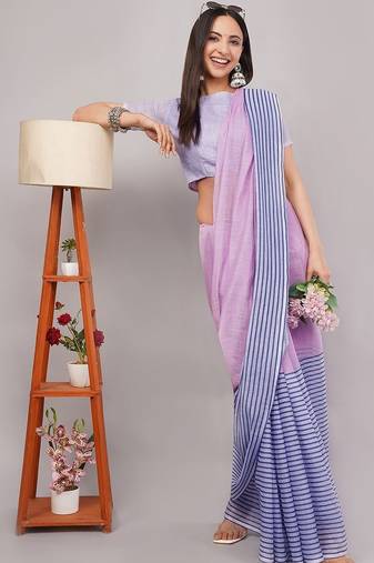 Multicolor pure linen striped saree with blouse