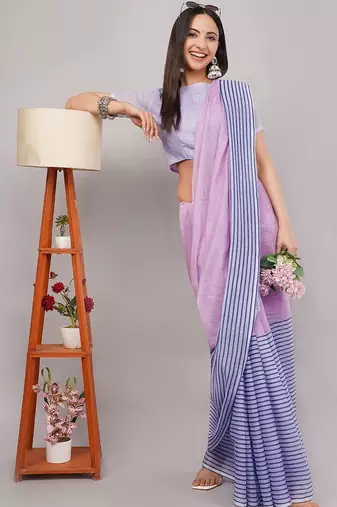 Multicolor pure linen striped saree with blouse