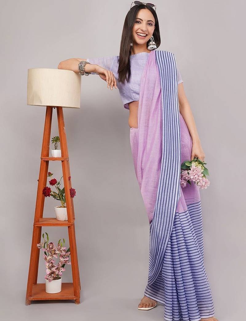 Multicolor pure linen striped saree with blouse