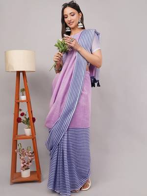 Multicolor pure linen striped saree with blouse 2