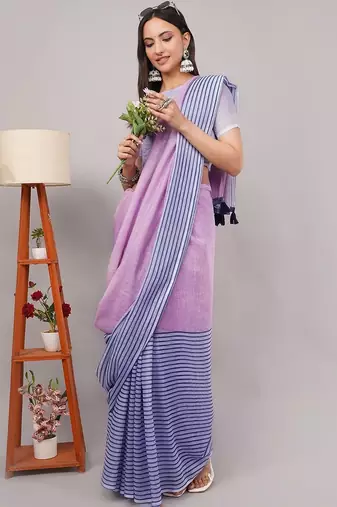 Multicolor pure linen striped saree with blouse
