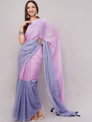 Multicolor pure linen striped saree with blouse 3