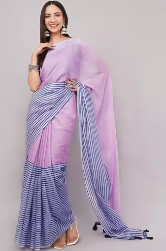 Multicolor pure linen striped saree with blouse