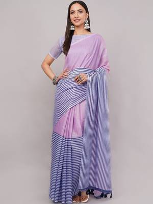 Multicolor pure linen striped saree with blouse 4